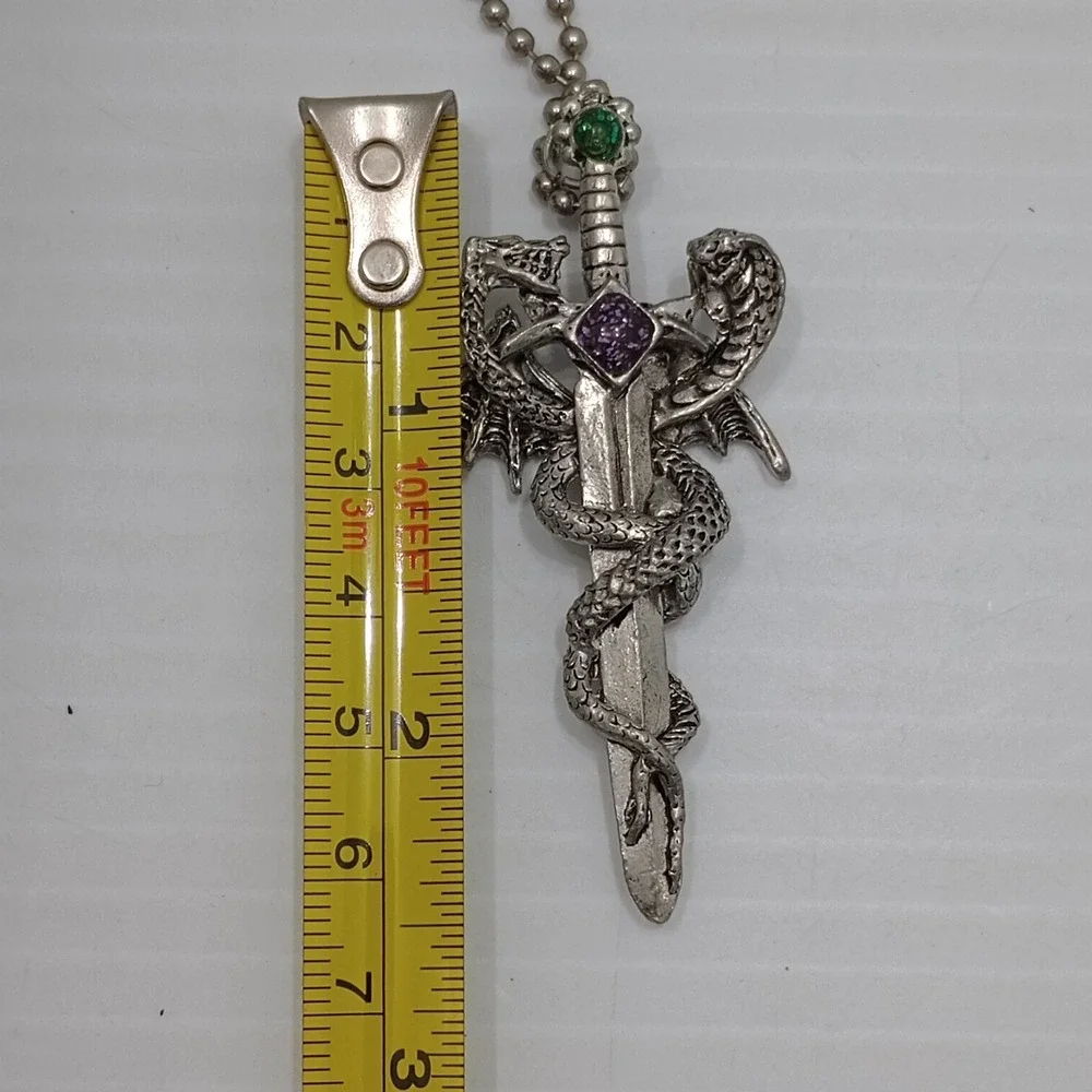 CCI Dragon Sword Pendant Necklace Gothic Fantasy Silver Tone 2 1/2 Inch